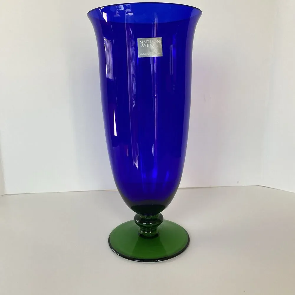 Madison Avenue cobalt blue crystal glass vase with green pedestal made in Czech